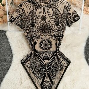 Elegant Sheer Black and Tan Patterned Women's Top